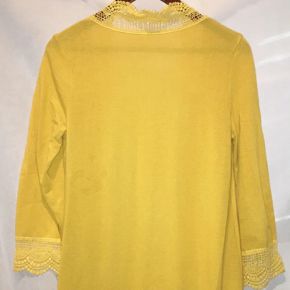 Tickled Teal Lace Trim Open Front Below The Knee Cardigan | Mustard Yellow | M